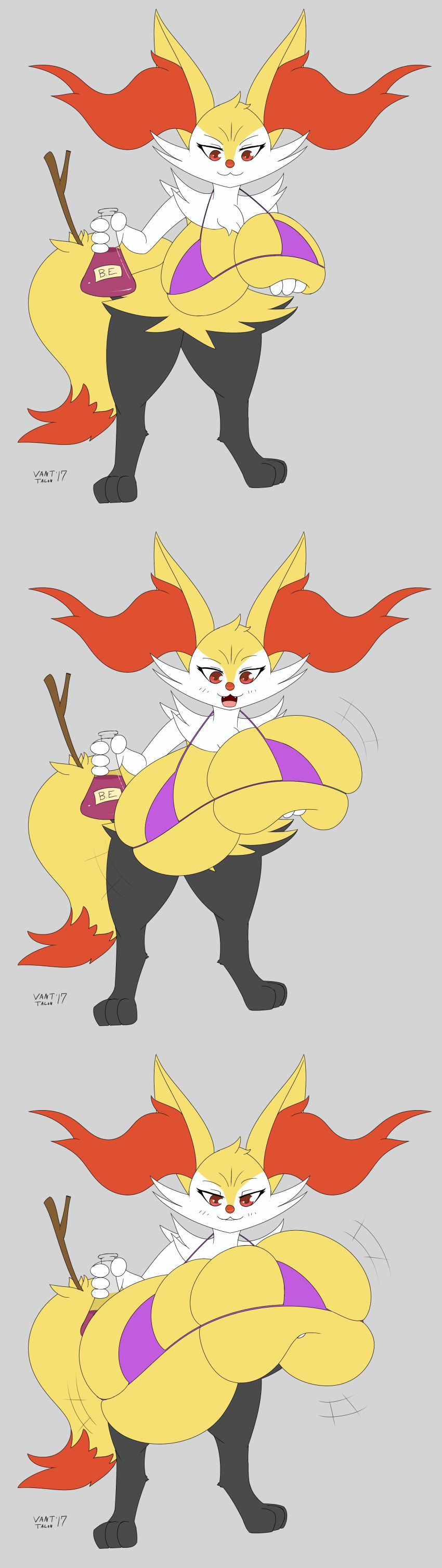 anthro big_breasts braixen breast_expansion breast_hold breasts ear_tuft expansion expansion_sequence game_freak happy happy_face holding_breast huge_breasts hyper_breasts nintendo pokémon_(species) pokemon pokemon_(species) potion potion_bottle red_eyes smug smug_face smug_grin vant_talon yellow_body yellow_fur