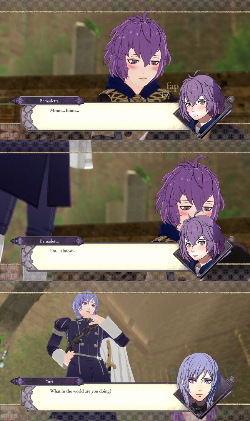 1boy 1girls 3d bernadetta_von_varley bunnxarts caught caught_in_the_act caught_masturbating dialogue dialogue_box english_text female female_masturbation fire_emblem fire_emblem:_three_houses interrupted_masturbation male masturbation text walked_in_on yuri_leclerc