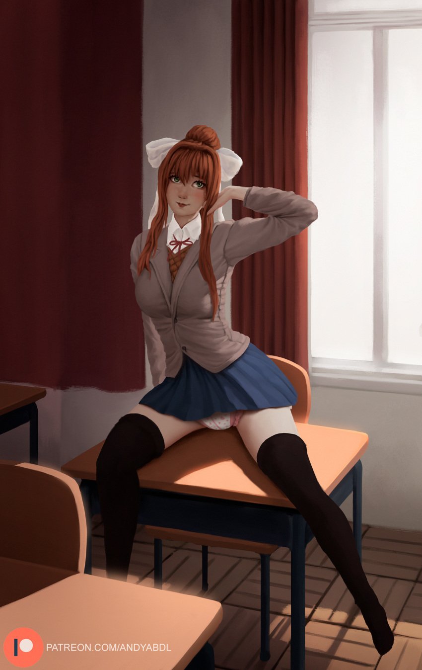 1girls andyabdl andydl18 bow_in_hair breasts brown_hair classroom clothed clothes diaper diaper_under_clothing doki_doki_literature_club medium_breasts monika_(doki_doki_literature_club) ponytail school_desk school_uniform window