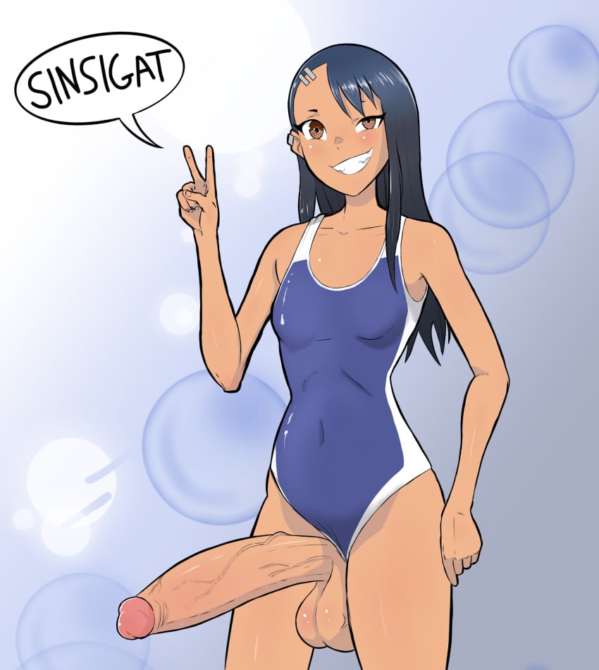 1futa balls balls_out big_balls black_hair breasts clothed clothing erection futa_only futanari hayase_nagatoro huge_cock human hung_futanari long_hair one-piece_swimsuit peace_sign penis penis_out please_don't_bully_me,_nagatoro sinsigat smile solo solo_futa standing swimsuit tagme tan tanned tanned_skin