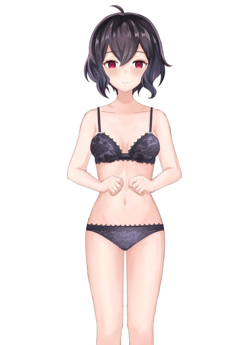 1girls ahoge alternate_version_available bare_legs bare_midriff bare_shoulders bare_thighs black_bra black_hair black_panties bra breasts collarbone corruption dogansa expressionless female female_only femsub fire_emblem fire_emblem_awakening grima_(fire_emblem) kaerukeroro1 legs looking_at_viewer midriff mind_control morgan_(fire_emblem) morgan_(fire_emblem)_(female) nintendo panties red_eyes short_hair shoulders small_breasts solo thighs underwear white_background