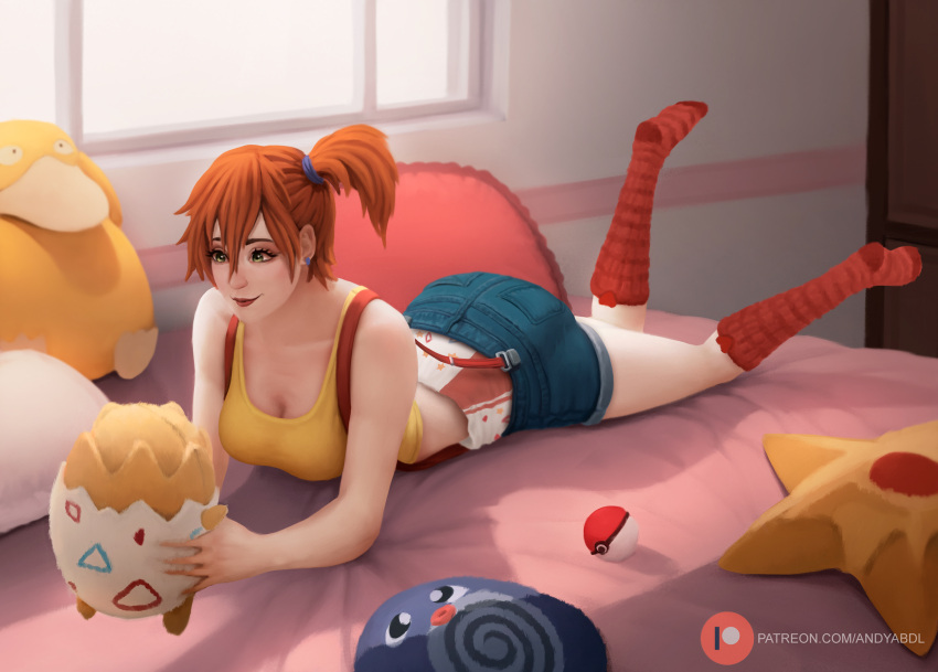 andyabdl andydl18 bed bedroom breasts denim_shorts diaper diaper_under_clothing earrings green_eyes holding_plushie kasumi_(pokemon) laying_on_bed medium_breasts orange_hair overall_shorts pillow plushie pokeball pokemon psyduck short_hair staryu tank_top togepi window yellow_tank_top