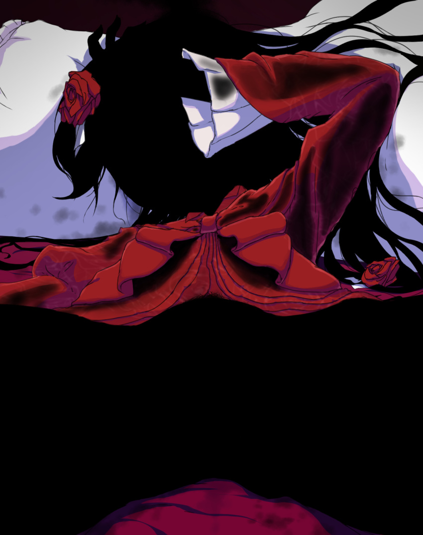 bed dress faceless female female_pubic_hair flower hair_flower hair_ornament hand_on_own_face highres kate_(shadows_house) kurami long_hair lying messy_hair on_back pillow pubic_hair red_dress rose see-through shadows_house soot spread_legs sweat twintails