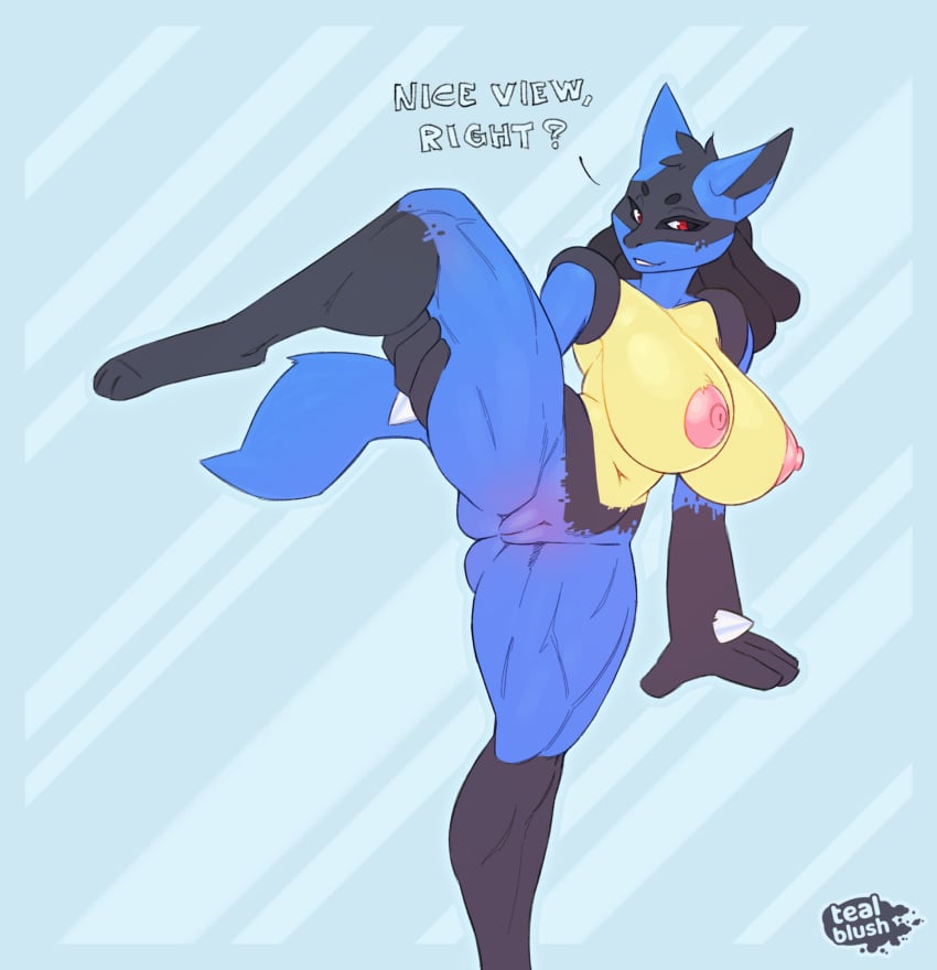 anthro big_breasts blue_body breasts english_text female female_lucario genitals hi_res lucario nintendo nipples one_leg_up pokemon pokemon_(species) pussy raised_leg solo tealblush text video_games