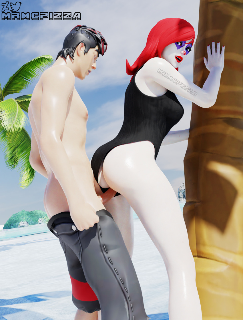 beach big_ass big_breasts big_penis clown clown_girl clussy doggy_style fortnite from_behind ikonik mrmcpizza panties_aside peekaboo_(fortnite) red_hair straight sweat swimsuit