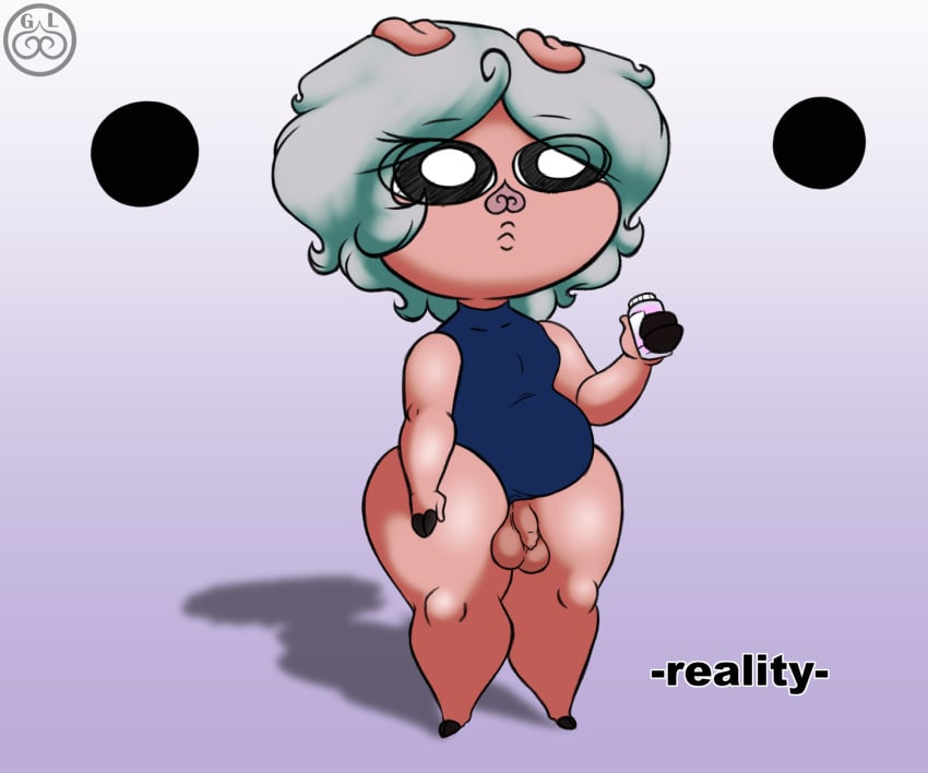 2022 animal_humanoid anthro ass balls big_balls big_butt bodily_fluids chubby_gynomorph clothed clothing digital_drawing_(artwork) digital_media_(artwork) domestic_pig duty_(linyxart) english_text female foreskin genital_fluids genital_size_difference genitals gynomorph half-erect hi_res humanoid humanoid_genitalia intersex linyxart mammal mammal_humanoid partially_clothed penis penis_fluid slightly_chubby small_penis solo suid suina sus_(pig) text