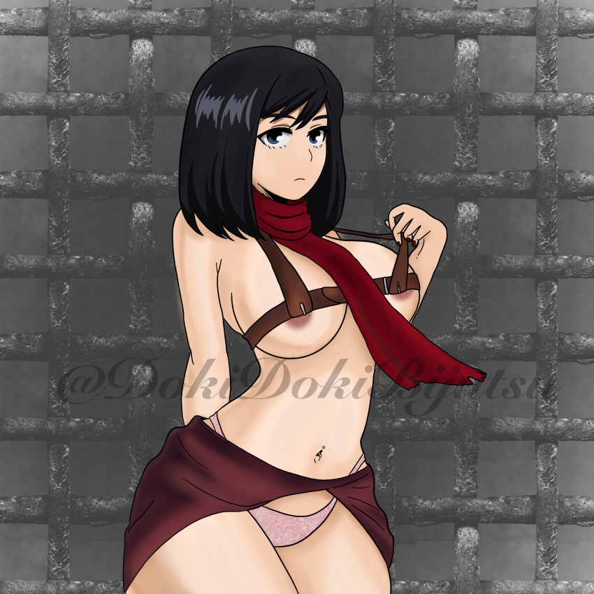 1girls asian asian_female attack_on_titan black_hair breasts cosplay crossover_cosplay doki_doki_bijutsu female female_only kodai_yui looking_at_viewer mikasa_ackerman mikasa_ackerman_(cosplay) my_hero_academia panties solo solo_female yui_kodai