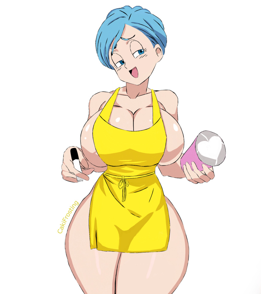 apron barista big_breasts bulma_briefs busty cakifrosting casual dragon_ball dragon_ball_super_super_hero female human outerwear pale_skin solo starbucks starbucks_meme thick_thighs