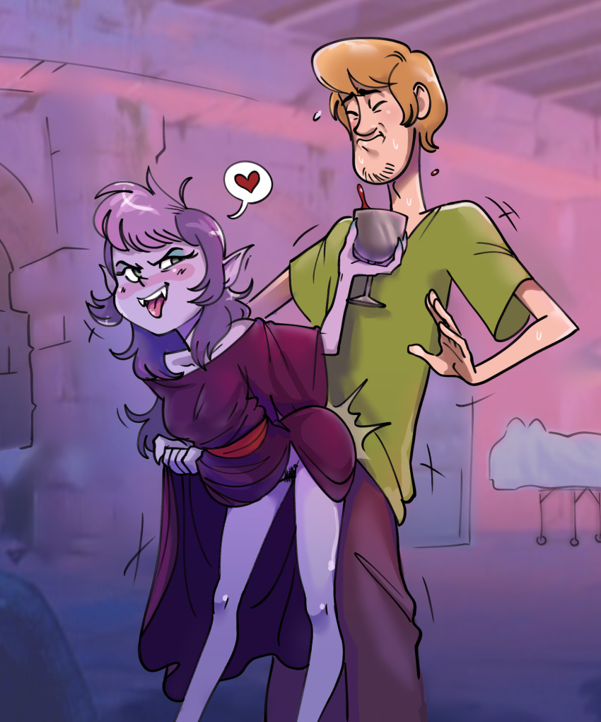 1boy 1girls beard blush brown_hair clothed_sex clothing duo eyeshadow fangs hanna-barbera heart holding long_hair looking_back monster_girl pointy_ears pubic_hair purple_body purple_hair purple_skin scooby-doo scooby-doo_and_the_ghoul_school sex shaggy_rogers sibella_dracula straight sweat tongue tongue_out vampire vampire_girl wine_glass zsky