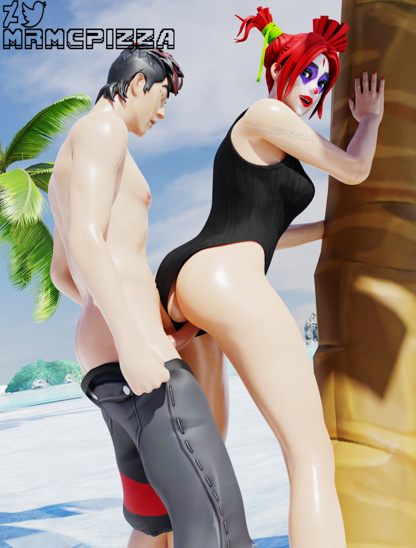 beach big_ass big_breasts big_penis clown clown_girl clussy doggy_style fortnite from_behind ikonik mrmcpizza panties_aside peekaboo_(fortnite) red_hair straight sweat swimsuit