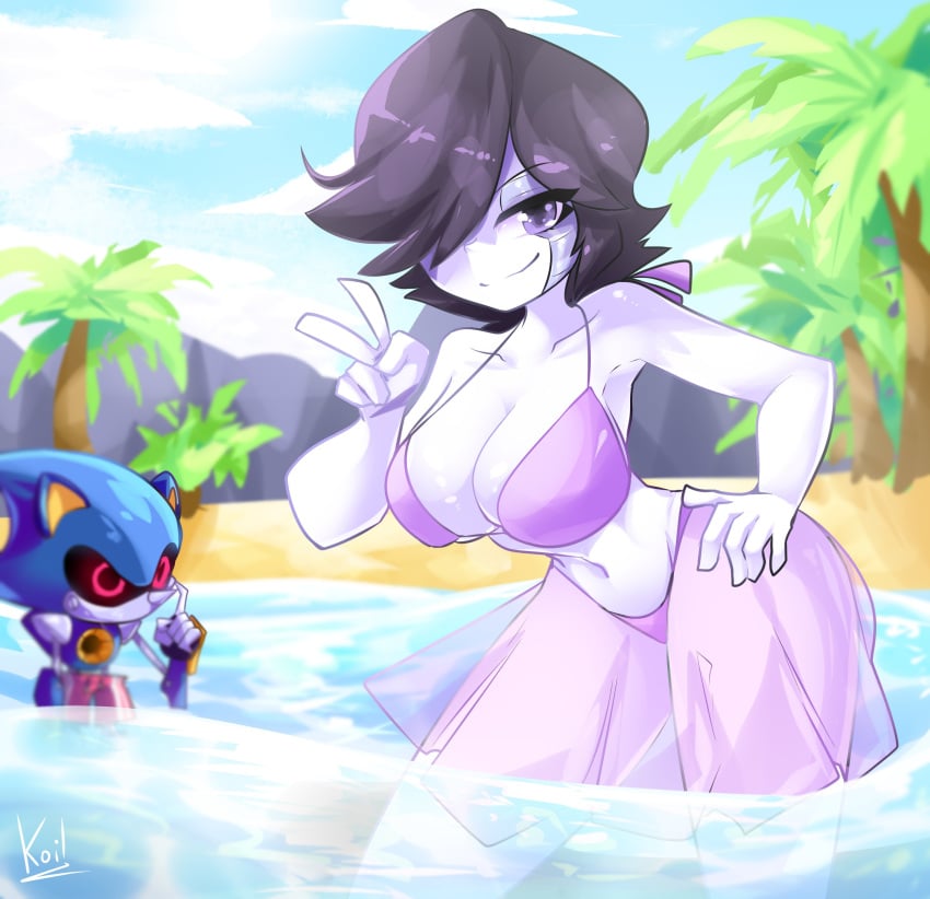 2d beach big_breasts big_hips bikini black_hair breasts busty crossover curvy curvy_body curvy_female curvy_figure eyebrows_visible_through_hair female female_focus genderbend genderswap hair_over_one_eye koishiko_(artist) metal_sonic mettaton mettaton_ex no_mouth peace_sign purple_bikini purple_eyes red_eyes robot robot_girl rule_63 sega short_hair skirt smile sonic_(series) sonic_the_hedgehog_(series) swimsuit tagme thick_thighs toby_fox undertale undertale_(series) water white_skin