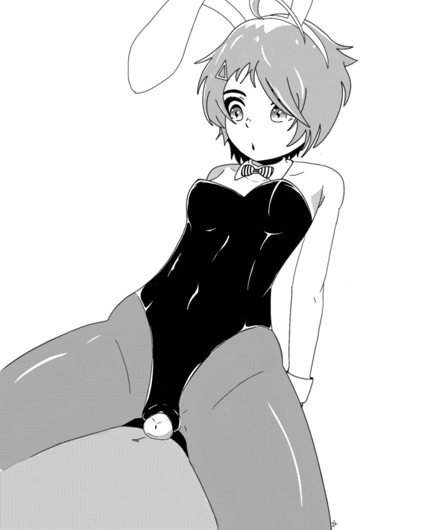 1boy 1girls artist_request bunny_ears bunny_suit drawfag fishnets monochrome ooto_ai penis rubbing sex short_hair sitting_on_penis wonder_egg_priority