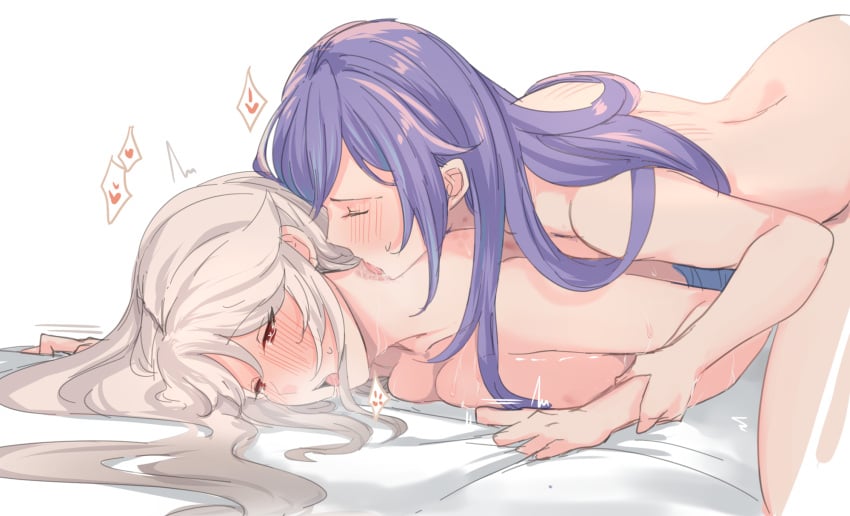 2girls absurd_res ambiguous_penetration bite bite_marks blush drooling female female_only fingering from_behind genshin_impact gripping_sheets heart hickey hickey_marks hinagi_(fox_priest) implied_penetration keqing_(genshin_impact) laying_on_stomach lesbian lesbian_sex licking_neck long_hair looking_pleasured multiple_girls naked ningguang_(genshin_impact) nude nude_female open_mouth purple_hair red_eyes silver_hair trembling white_background yuri