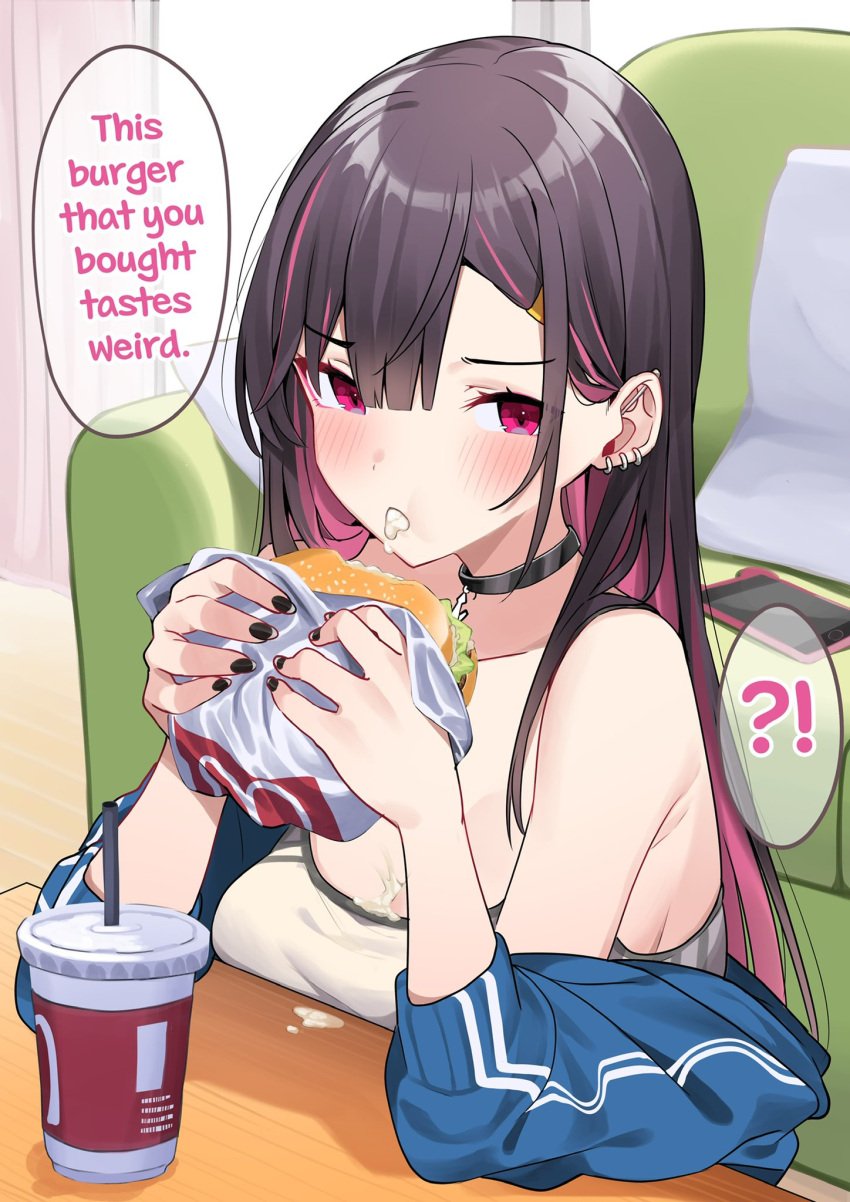 1girls ?! bangs black-haired_girl_(motto_notto) black_hair blush burger clothed cum cum_burger cum_drip cum_in_burger cum_in_food cum_in_mouth drink eating eating_food english_text female food food_wrapper long-haired_girl_(motto_notto) long_hair looking_at_viewer motto_notto multicolored_hair original pov surprised text text_bubble