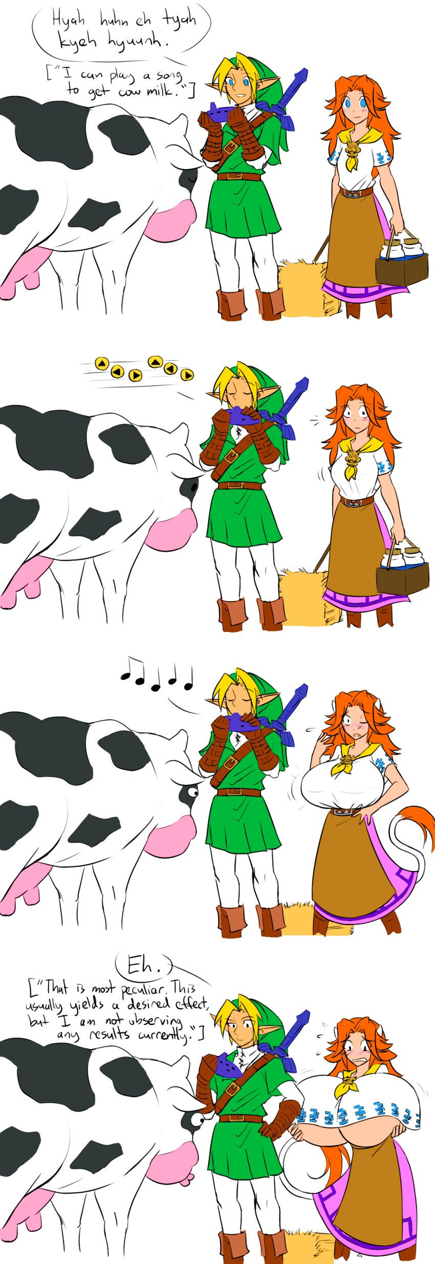 1boy 1girls alternate_version_available big_breasts blonde_hair blue_eyes blush bovine breast_expansion breasts breasts_bigger_than_head closed_eyes clothing color colored comic cow_ears cow_girl cow_horns cow_tail cow_transformation edit elf_ears embarrassed english_text epona's_song female funny growth huge_breasts humor link link_(ocarina_of_time) long_hair long_red_hair malon matsu-sensei nintendo ocarina ocarina_of_time ocarina_of_time_(instrument) red_hair speech_bubble text the_legend_of_zelda the_legend_of_zelda:_ocarina_of_time transformation underboob