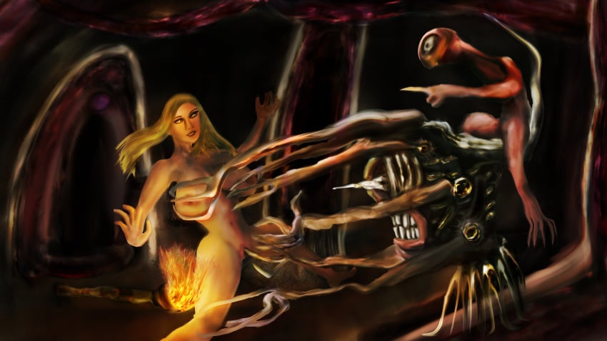 claws digital_painting_(artwork) female fingering monster nightmare_fuel pointing sincronikon squeezing_breast tentacle torch