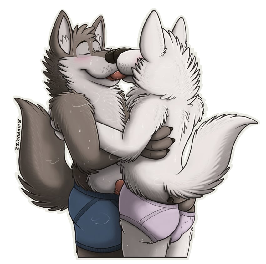 2022 absurd_res alpha_channel anthro ball_bulge blue_boxers blue_clothing blue_underwear blush bodily_fluids boxers_(clothing) briefs canid canine canis claws closed_eyes disney duo erection fluffy fur gary_(zootopia) genitals grey_body grey_fur hand_in_pants hi_res holding_another huffaromas kissing label larry_(zootopia) male male/male mammal multicolored_body multicolored_fur musk musk_clouds penis pink_briefs pink_clothing pink_underwear poking_out raised_tail simple_background smile sniffur sweat sweatdrop tongue transparent_background underwear underwear_only whisker_spots white_body white_fur wolf yaoi zootopia