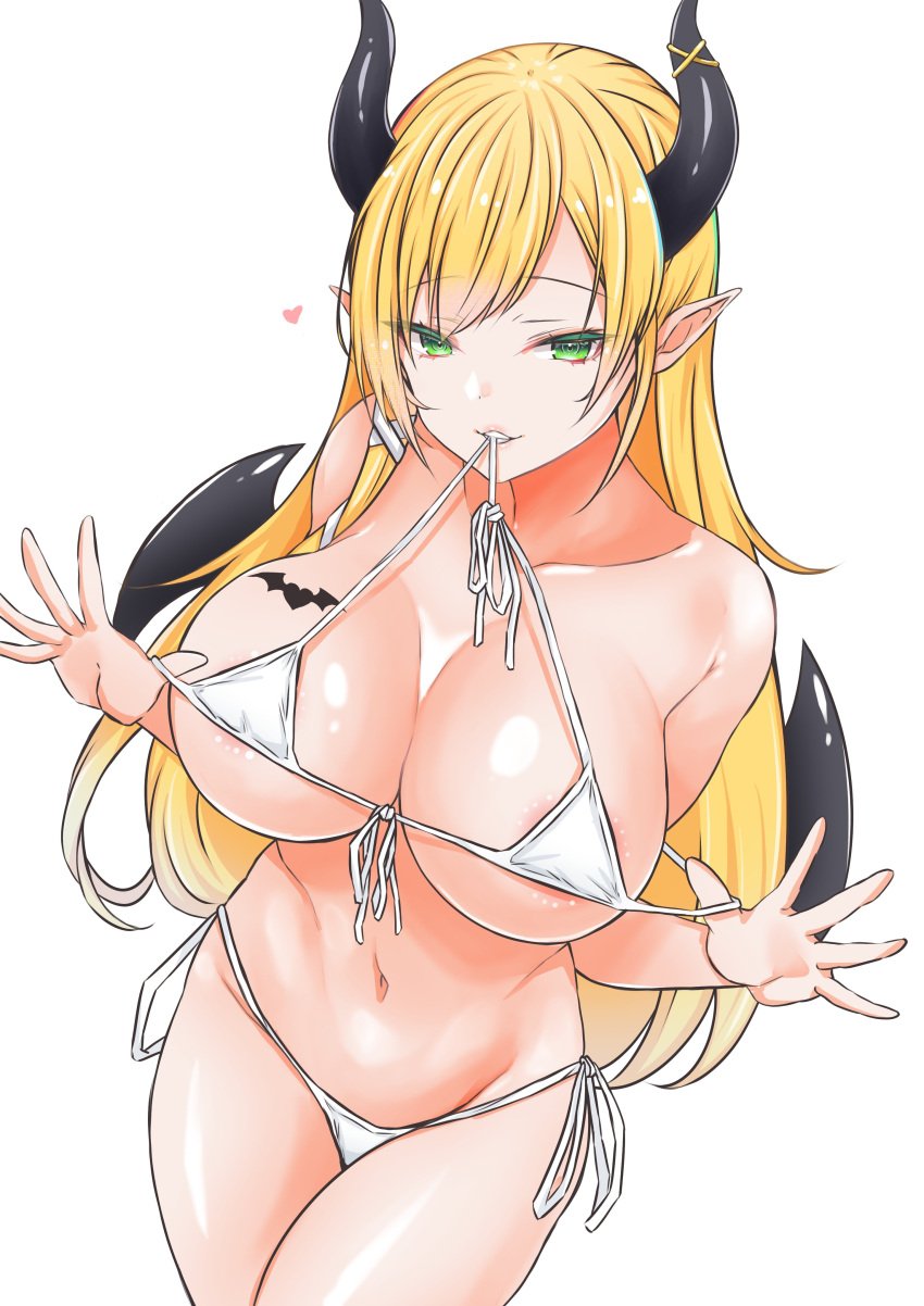 absurdres areola_slip asymmetrical_hair bangs bare_shoulders bikini blonde_hair breast_tattoo breasts cleavage demon demon_girl demon_horns demon_wings female green_eyes halterneck heart highres hololive hololive_gen_2 hololive_japan horns kokechan large_breasts long_hair looking_at_viewer navel parted_lips pointy_ears shiny shiny_hair side-tie_bikini sidelocks simple_background solo string_bikini succubus swimsuit tattoo very_long_hair virtual_youtuber white_background white_bikini winged_heart wings yuzuki_choco