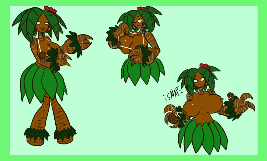 bra_snap coconut_bra deto_the_tiddu earrings flower_in_hair green_background green_border hula hula_dancer hula_girl hula_skirt leaf_hair leaf_skirt oc original_character plant_girl root topless white_eyes