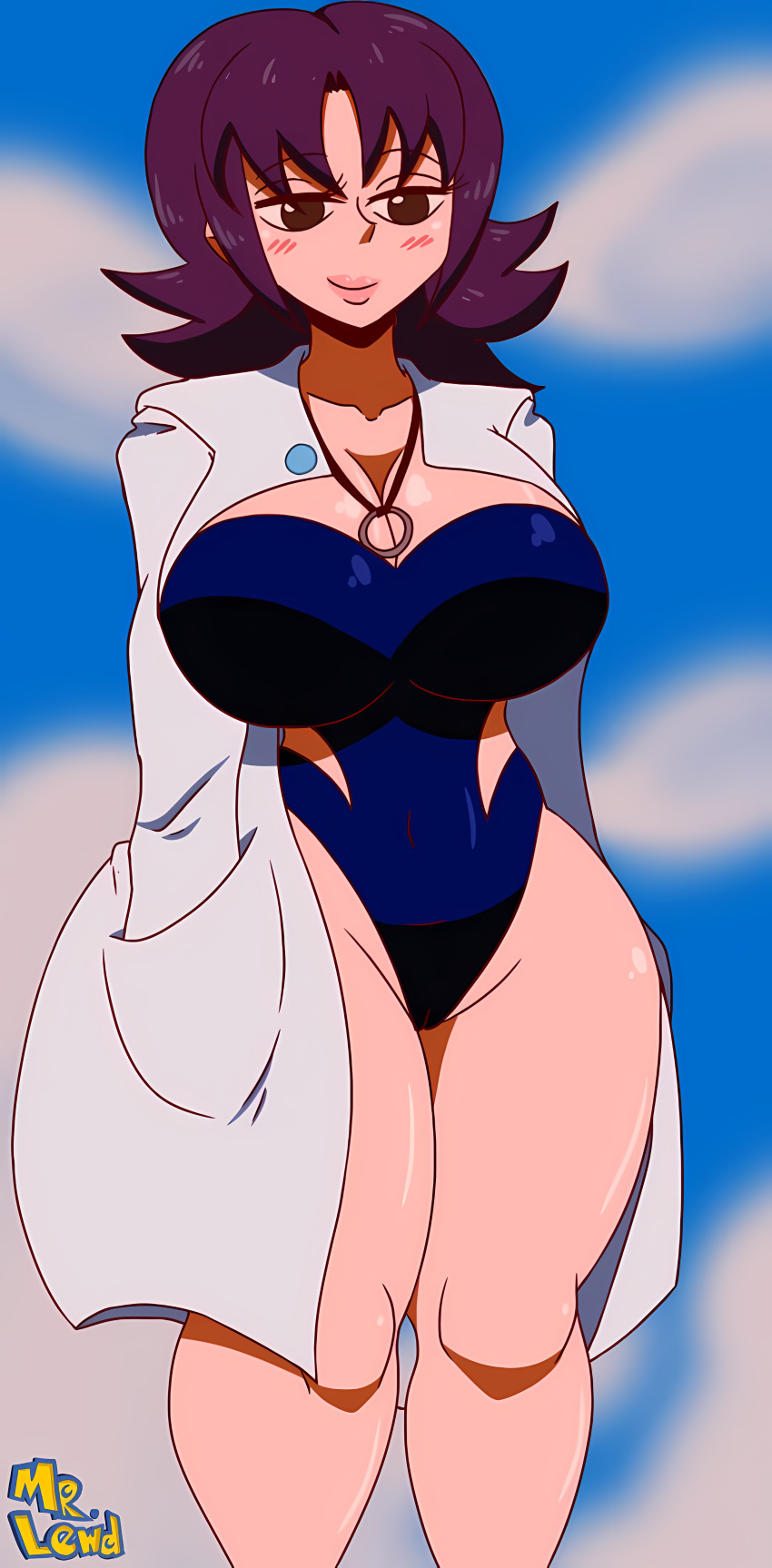 1girls alternate_breast_size big_breasts blush breasts brown_eyes curvaceous female female_only highres hourglass_figure huge_breasts human human_only labcoat large_breasts mr.lewd nintendo one-piece_swimsuit pale-skinned_female pale_skin philena_ivy pokemon pokemon_professor pokemon_rgby purple_hair redraw short_hair solo swimsuit thick_lips thick_thighs wide_hips