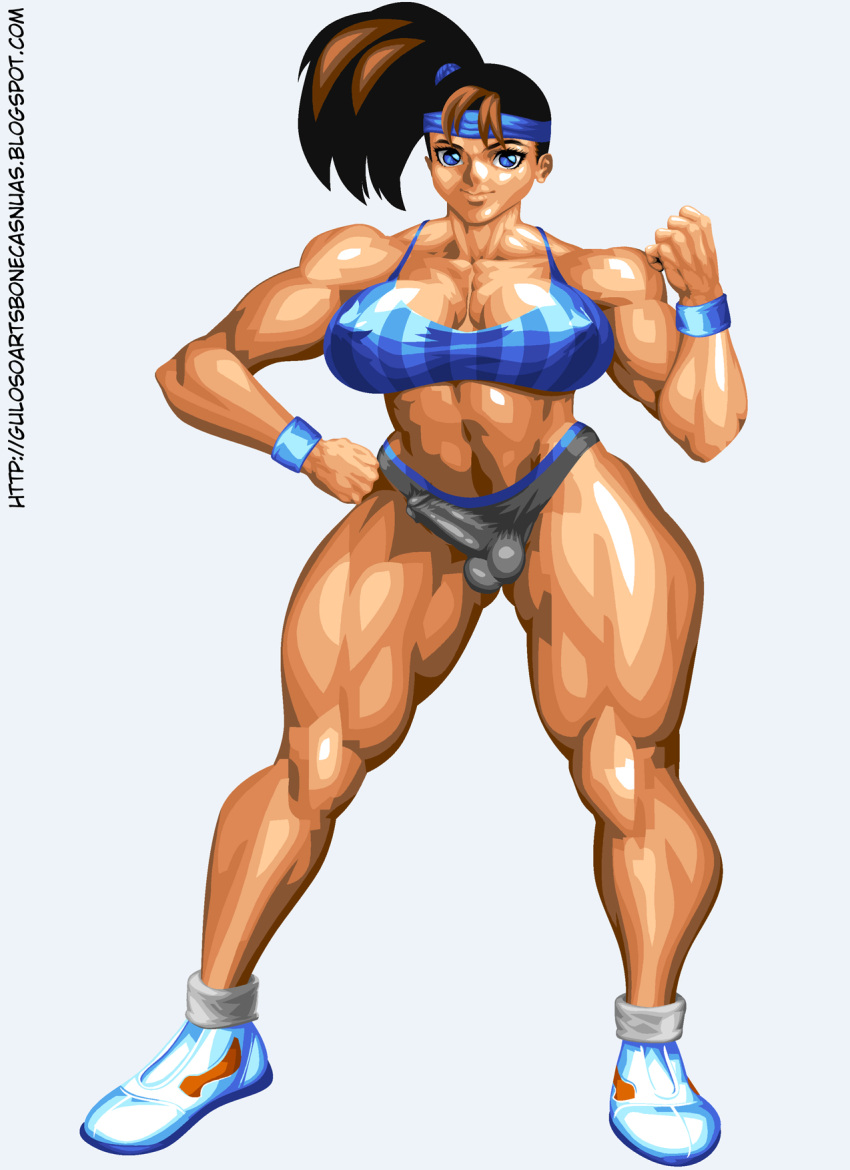 1futa balls balls_under_clothes big_breasts blue_eyes breasts brown_hair clothed clothing dickgirl erect_penis erection erection_under_clothes futa_only futanari garoto_guloso human intersex light-skinned_futanari light_skin mostly_nude muscular muscular_futanari penis pose solo solo_futa standing testicles thick_thighs