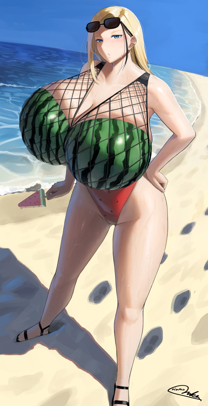 1girls beach big_breasts blonde_hair blue_eyes breasts busty enormous_breasts female female_only giant_breasts gigantic_breasts heels huge_breasts hyper_breasts large_breasts massive_breasts original original_character oruka_(kamituki0827) sea solo solo_female swimsuit thick_thighs thighs watermelon watermelon_bra