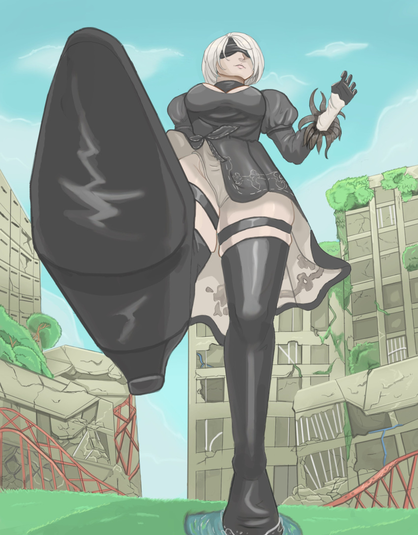 1girls blindfold breasts clothing elraz18 female female_only giantess light-skinned_female light_skin macro nier nier:_automata short_hair skirt skirt_lift solo solo_female thighhighs white_hair yorha_2b