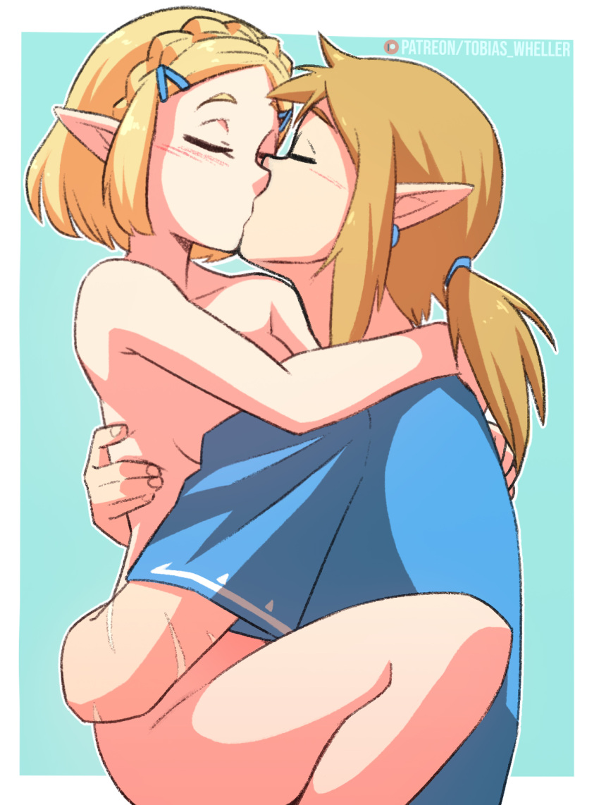 1boy 1girls aqua_background arm_around_neck blonde_female blonde_hair blue_earrings blue_hairclip blue_shirt blush braid breasts breath_of_the_wild brown_hair closed_eyes clothed clothed_male_nude_female clothed_sex covered_breasts cowgirl_position crown_braid cuddling duo earrings elf elf_ears elf_female female_on_top hair_ornament hairclip happy_sex hug hugging hylian imminent_sex jewelry kissing kissing_while_penetrated light-skinned_female light_brown_hair link link_(breath_of_the_wild) long_hair love medium_breasts neck nintendo nude nude_female nude_female_clothed_male outside_border pointy_ears ponytail princess_zelda romance romantic scar sex shirt short_hair short_sleeves signature straight tears_of_the_kingdom the_legend_of_zelda thighs tied_hair tobias_wheller tunic vaginal_penetration white_border wholesome zelda_(tears_of_the_kingdom)