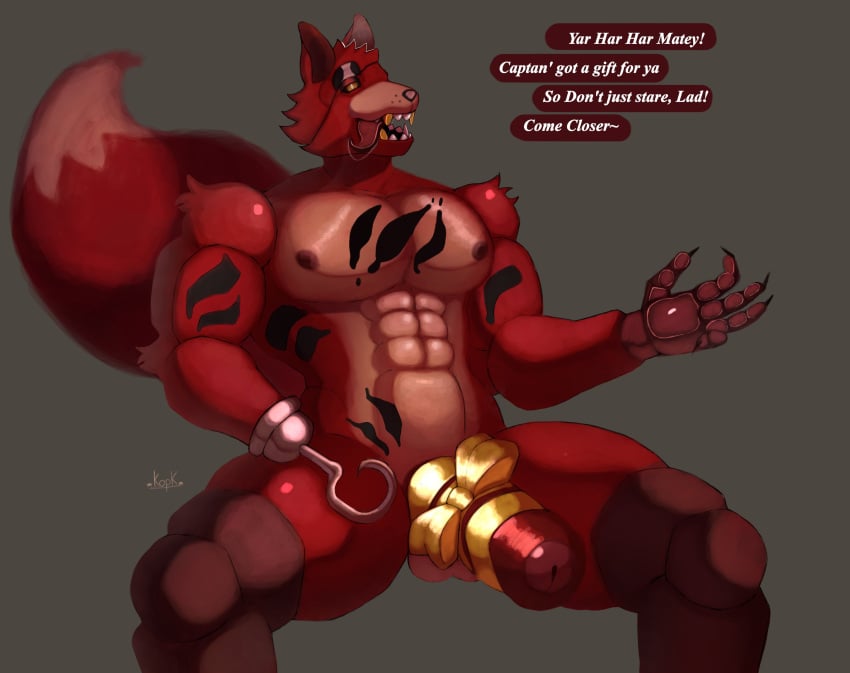 2022 abs absurd_res animatronic anthro areola balls bara biceps bow_ribbon canid canine dialogue digital_media_(artwork) english_text eye_patch eyewear five_nights_at_freddy's foreskin fox foxy_(fnaf) fur genitals hi_res humanoid_genitalia humanoid_penis kopk machine male male_only male_solo mammal muscular muscular_anthro muscular_male nipples nude open_mouth open_smile pecs penis penis_wrap pirate red_body red_fur robot scottgames simple_background smile solo speech_bubble talking_to_viewer text thick_penis thick_thighs tongue tongue_out video_games