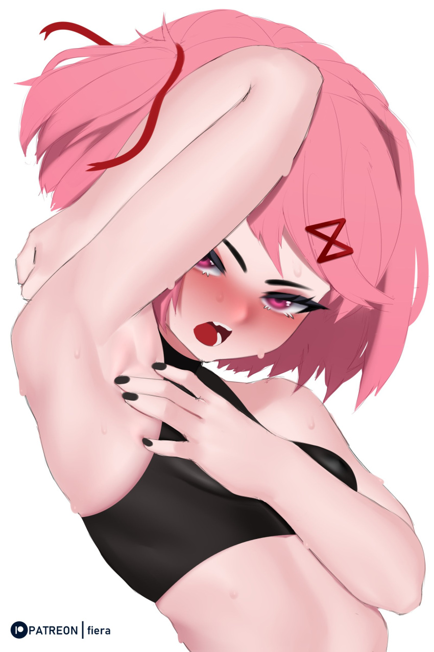 1girls abdomen armpit armpit_fetish armpits blush doki_doki_literature_club embarrassed female female_only fiera_(artist) midriff natsuki_(doki_doki_literature_club) petite petite_body pink_hair presenting_armpit schoolgirl solo