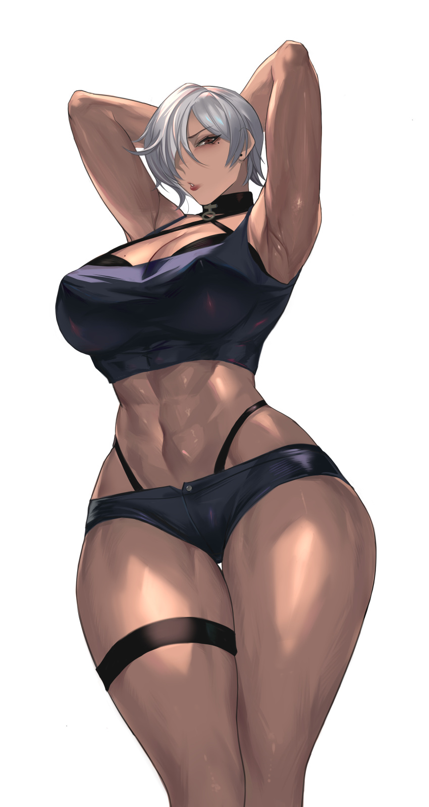 abs absurdres armpits arms_behind_head arms_up black_bra black_panties bra breasts brown_eyes choker chong_(547342983) dark-skinned_female dark_skin ear_piercing female hair_over_one_eye highres large_breasts mole mole_under_eye muscular muscular_female navel original panties pants parted_lips piercing shirt short_shorts shorts standing stomach tank_top thigh_strap thighs thong_above_shorts thong_straps underwear venus_symbol white_background white_hair