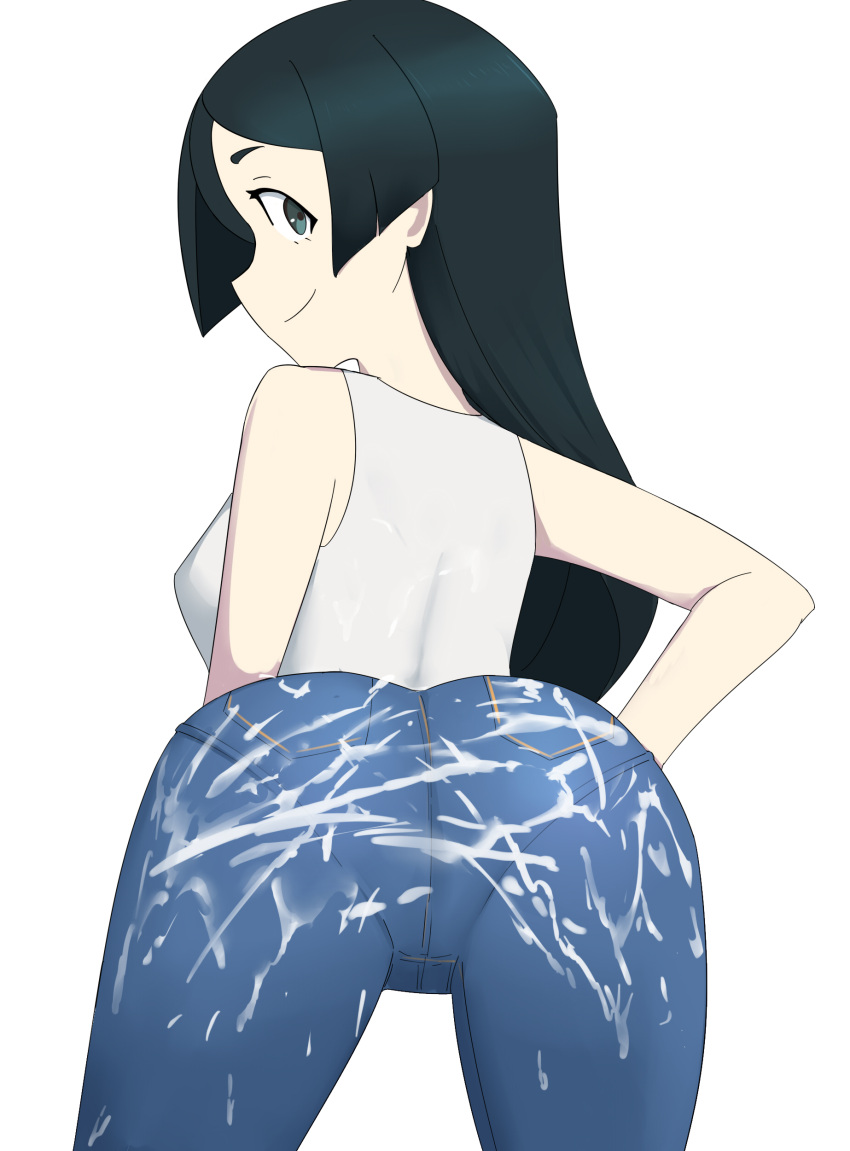 1girls ass barbara_parker black_hair cum cum_on_ass cum_on_body cum_on_clothes denim jeans little_witch_academia looking_at_viewer looking_back oksandio sleeveless_shirt tagme white_background