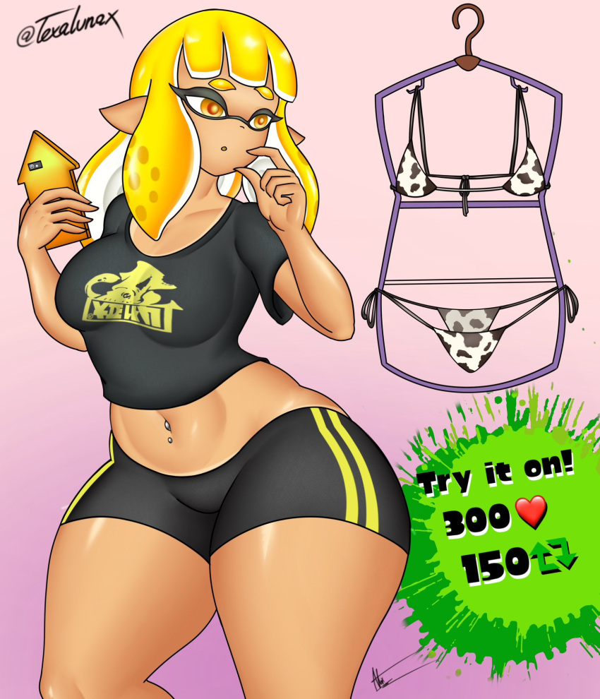 agent_4_(splatoon) big_breasts bikini cellphone cow_print female_only inkling inkling_girl light-skinned_female light_skin medium_breasts meme navel_piercing nsfwtalex piercing splatoon telaxart texalunax thick_thighs wide_hips yellow_eyes yellow_hair