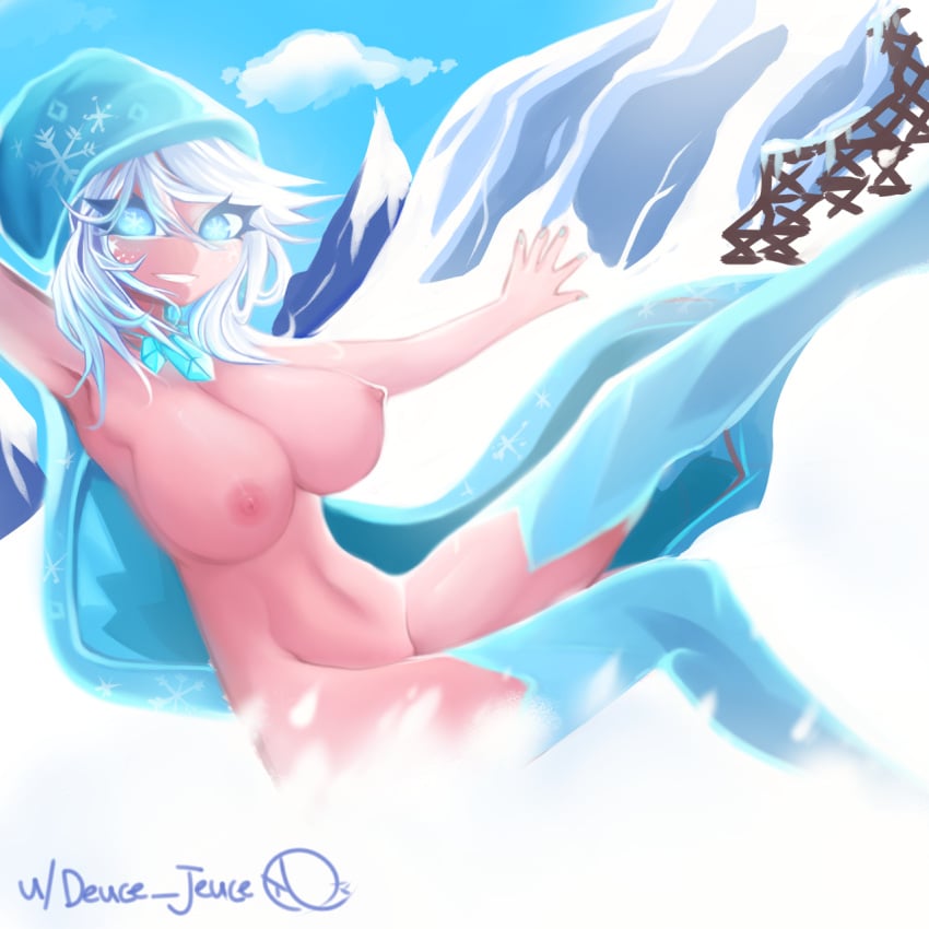 blue_boots blue_eyes blue_thigh_highs blue_thighhighs boots breasts breasts cloud cyclea deuce_jeuce female female female_only frozen_cave_(geometry_dash) geometry_dash light-skinned light-skinned_female light_skin looking_at_viewer mountain naked naked_female nude nude_female snow snowflake snowflakes snowing snowy_mountains solo solo_female thigh_highs thighhighs white_hair