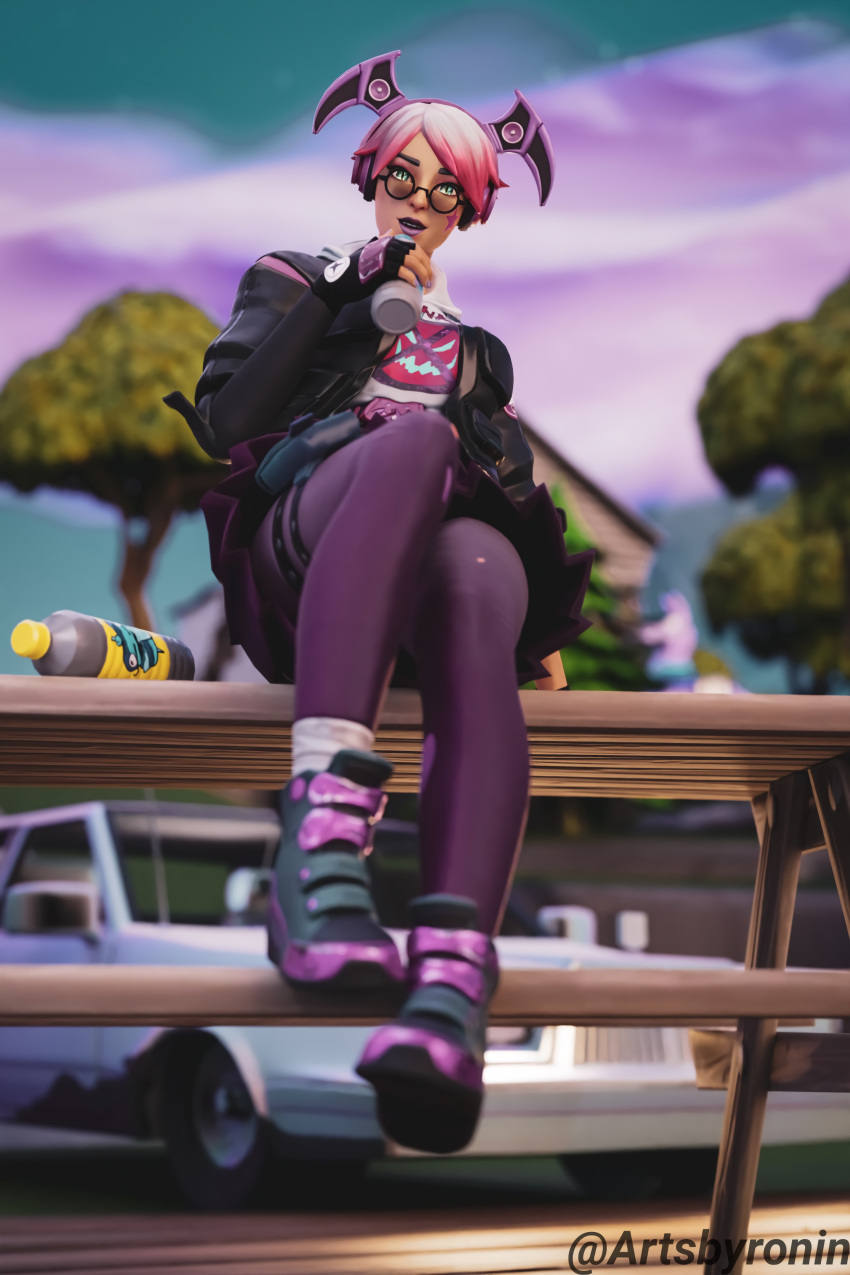 1girls 3d artsbyronin blender callisto_(fortnite) female fortnite fortnite:_battle_royale headphones lenses looking_at_viewer park pink_hair seductive sitting_on_table star_tattoo