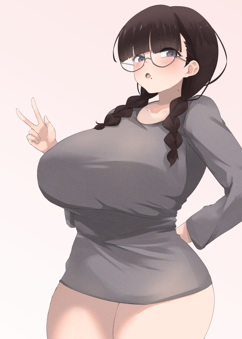 1girls 96nokimihito absurdres bangs black_hair blue_eyes blunt_bangs blush braid braided_twintails breasts brown_hair cute female freckles fringe glasses grey_shirt hair_over_shoulder hidden_curves highres jimi_kyonyuu_megane_(96nokimihito) large_breasts long_sleeves looking_at_viewer meme mole mole_on_neck mole_under_mouth naked_shirt open_mouth original pajamas_challenge_(meme) pale-skinned_female purple_eyes round_eyewear shirt shirt_tighten_meme shy simple_background solo t-shirt/pajamas_challenge teenager thighs twin_braids twintails v white_background