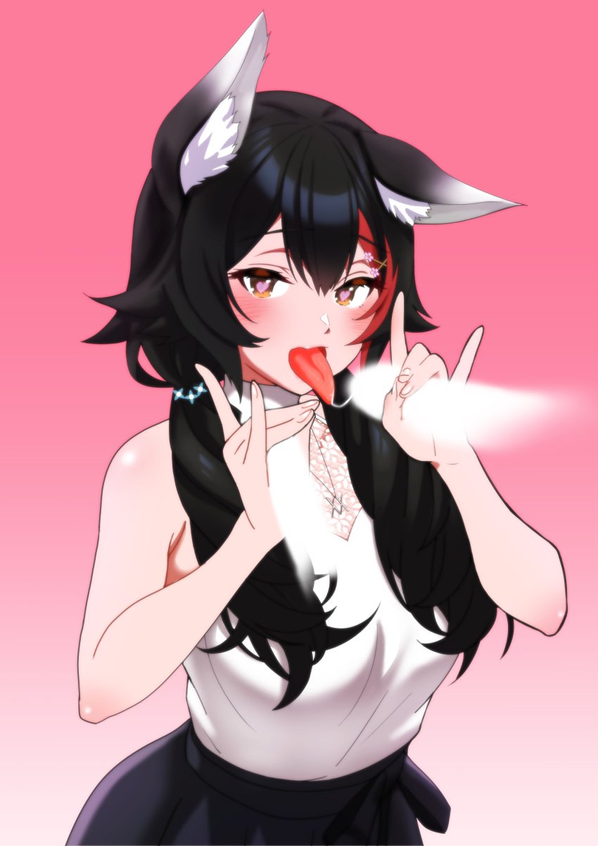 \m/ animal_ears bare_shoulders black_hair blush breasts brown_eyes double_fox_shadow_puppet female fox_shadow_puppet gradient gradient_background hair_ornament hairclip heart heart-shaped_pupils highres hololive hololive_gamers hololive_japan invisible_penis jewelry looking_at_viewer multicolored_hair necklace ookami_mio open_mouth red_hair solo symbol-shaped_pupils tongue tongue_out twintails two-tone_hair virtual_youtuber wolf_ears zabudog777