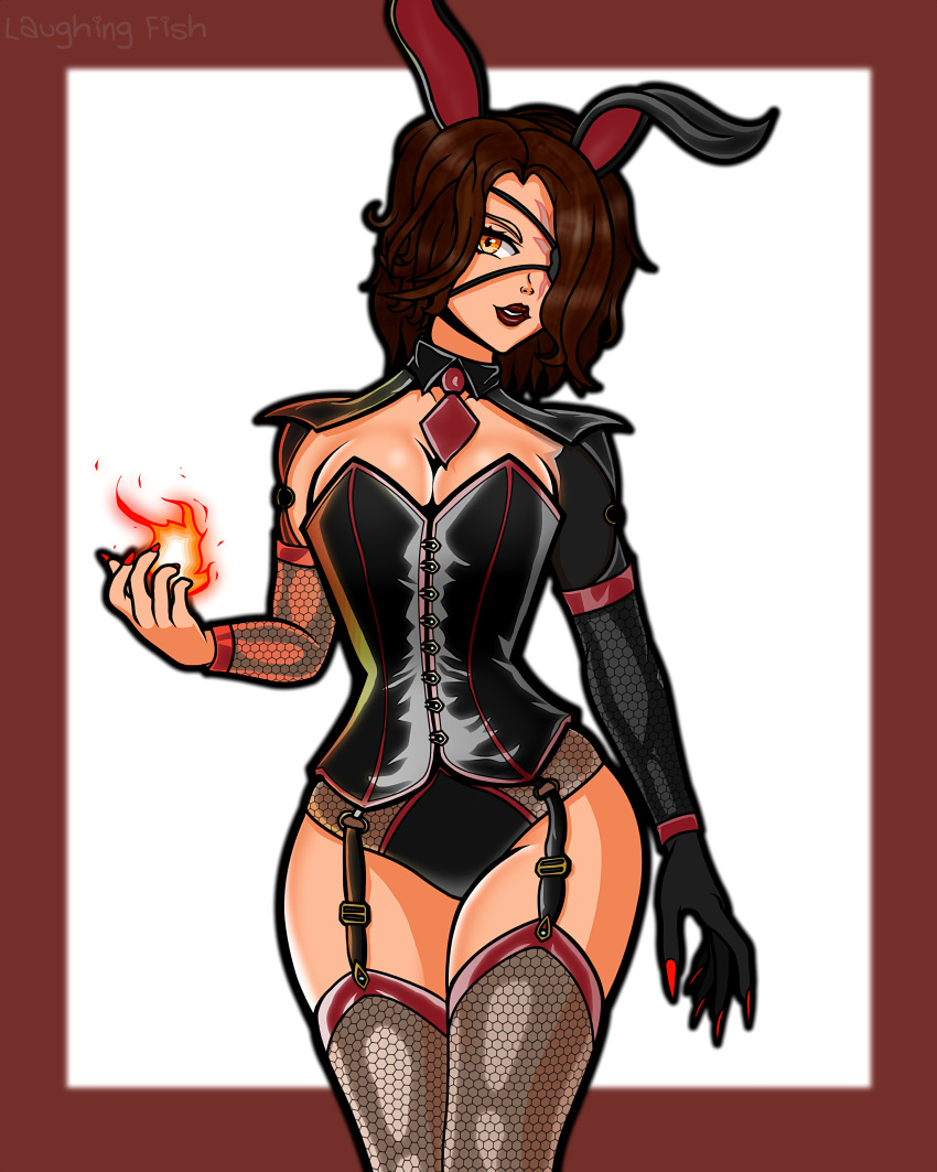 1girls black_hair bunny_costume cinder_fall clothed_female dominatrix fireball golden_eyes laughing_fish rwby