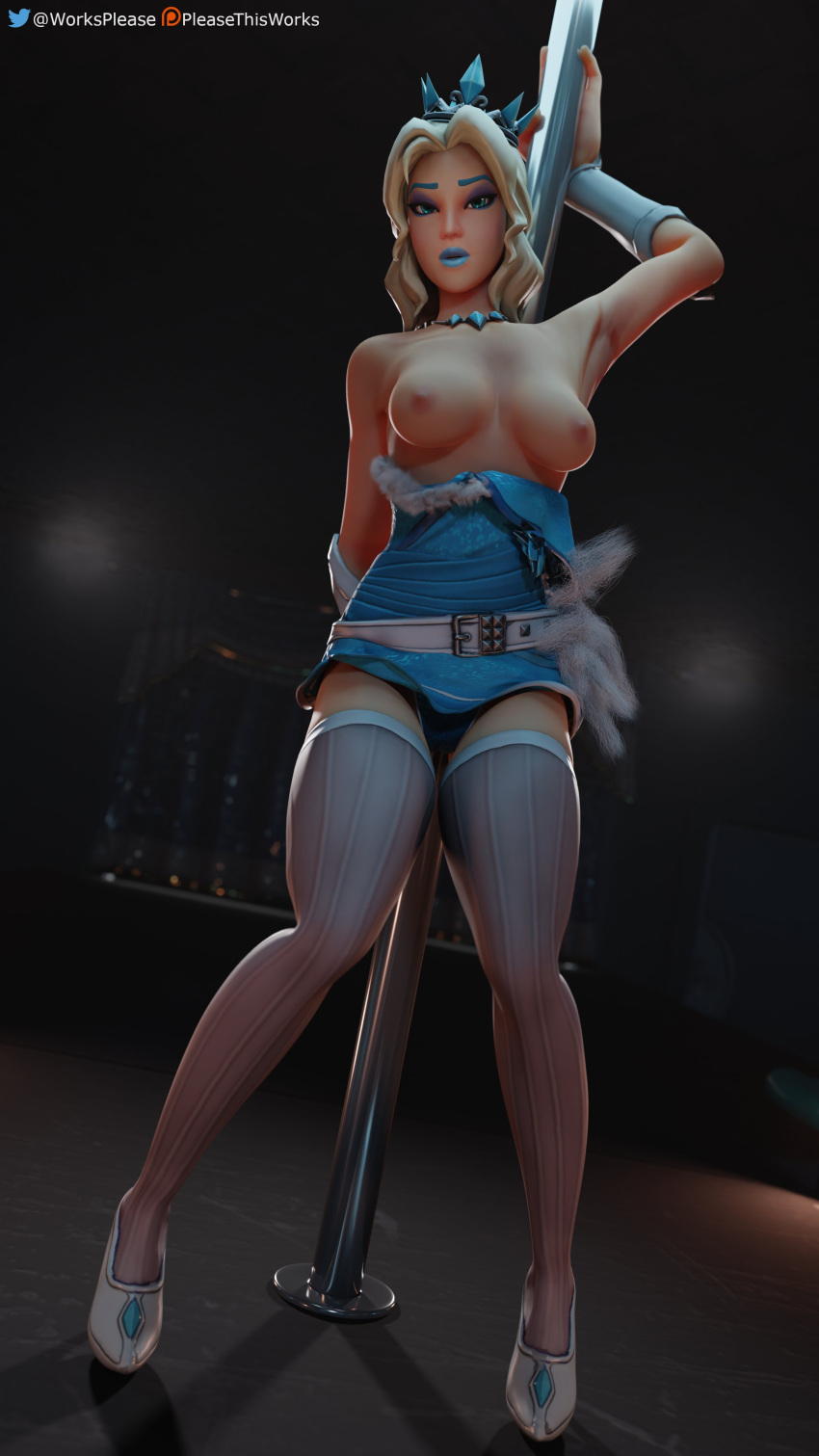 1girls 3d big_breasts blonde_hair blue_eyes blue_lipstick breasts crown dress female female_focus female_only fortnite glimmer_(fortnite) ice light-skinned_female light_skin lipstick looking_at_viewer medium_breasts nipples pleasethisworks pole pole_dancing solo stockings thick_thighs topless watermark