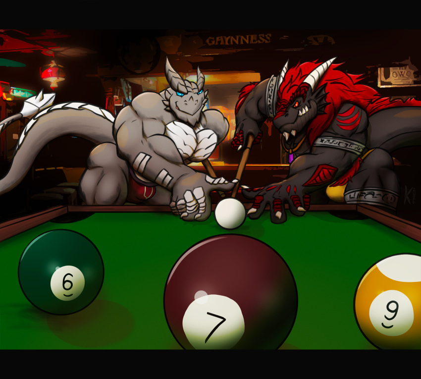 bar billiards blade bladerush_(character) bulge clothing cuesports dragon game_(disambiguation) hi_res jockstrap kardukk kobold muscular pub scalie tail thefastza underwear