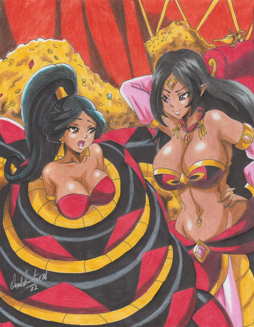 2girls aladdin arabian black_hair brown_hair circlet cleavage crossover dark-skinned_female detached_sleeves disney disney_princess draconcopode hand_on_hip huge_breasts jemisha_(violet_scales) lamia large_breasts legless long_hair monster_girl navel_piercing original_character pointy_ears ponytail princess_jasmine ravern_clouk red_hair snake_girl thick_naga_hips thick_thighs wide_hips wrapped_up