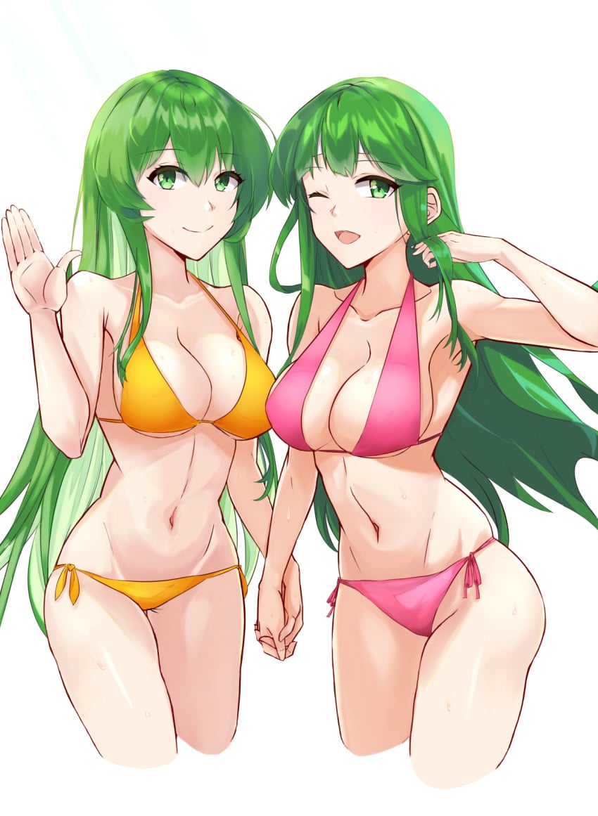 2girls ;d alternate_costume bangs bare_arms bare_shoulders bikini breasts chuu_(rinet) commentary_request cropped_legs erinys_(fire_emblem) fire_emblem fire_emblem:_genealogy_of_the_holy_war fire_emblem:_mystery_of_the_emblem fire_emblem:_shadow_dragon_and_the_blade_of_light green_eyes green_hair hand_up handholding highres holding_hands legs long_green_hair long_hair looking_at_viewer medium_breasts multiple_girls navel one_eye_closed open_mouth orange_bikini orange_swimsuit outdoors palla_(fire_emblem) pink_bikini pink_swimsuit side-tie_bikini simple_background sky smile standing stomach swimsuit thighs very_long_hair white_background wink yellow_bikini