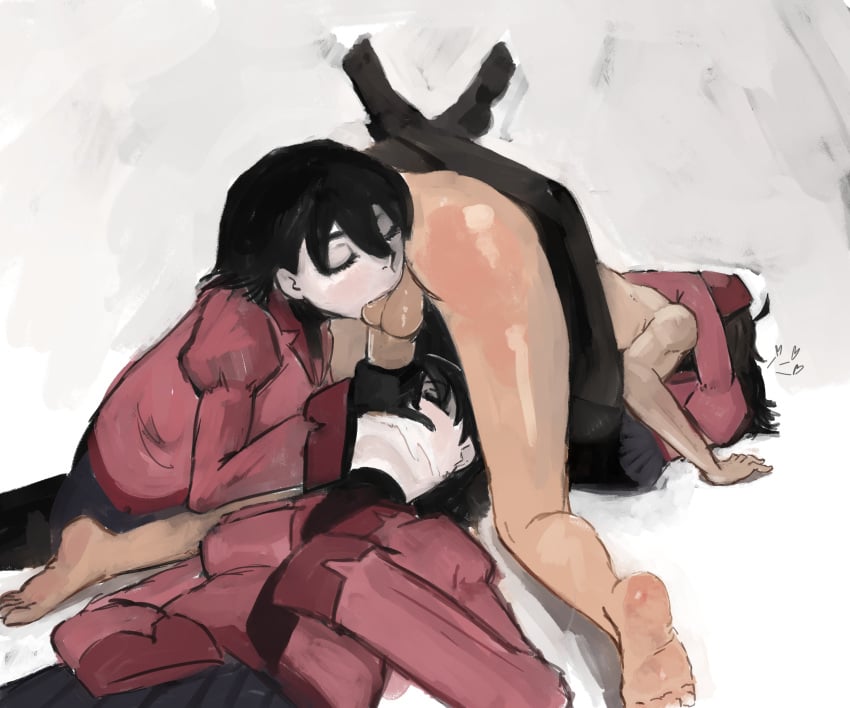 1boy 3girls all_fours araragi_koyomi arm_wrap ass assisted_fellatio balls black_hair brunette closed_eyes clothed_female_nude_male crab_(artist) cum femdom gloved_handjob group_sex hugging irrumatio kissing leg_wrap licking_balls malesub monogatari_(series) on_back oral oshino_ougi pale-skinned_female pantyhose school_uniform sex short_hair skirt sucking_testicles uniform unseen_male_face