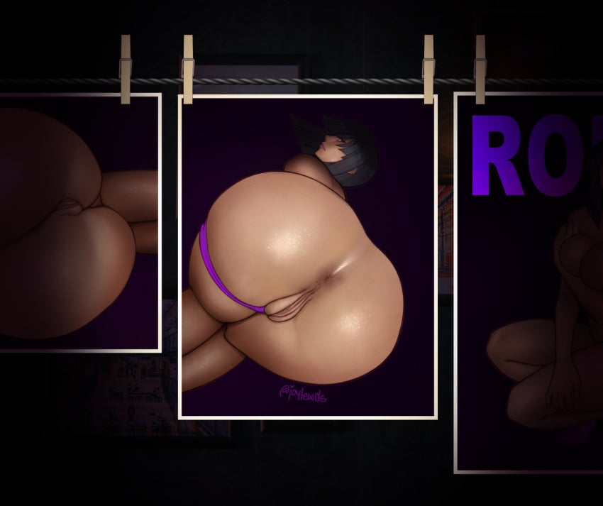 1girls anus ass bangs bent_over big_ass black_hair clothes_pin covering_nipples crouching dat_ass female female_only huge_ass joylewds looking_at_viewer looking_back lying lying_on_side nico_robin nude_female one_piece panties panties_around_leg photo pre-timeskip presenting presenting_hindquarters purple_panties pussy solo thick_thighs