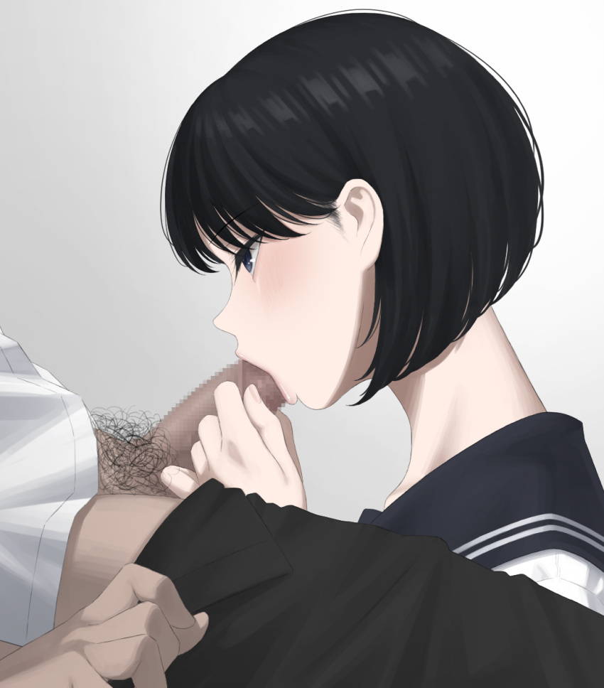 1boy 1girls black_hair black_pants black_sailor_collar blue_eyes blush censored clothes_pull fellatio female gradient gradient_background grey_background highres kaminari_doon male_pubic_hair mosaic_censoring oral original pants pants_pull penis pubic_hair sailor_collar school_uniform serafuku shirt short_hair small_penis solo_focus straight white_shirt