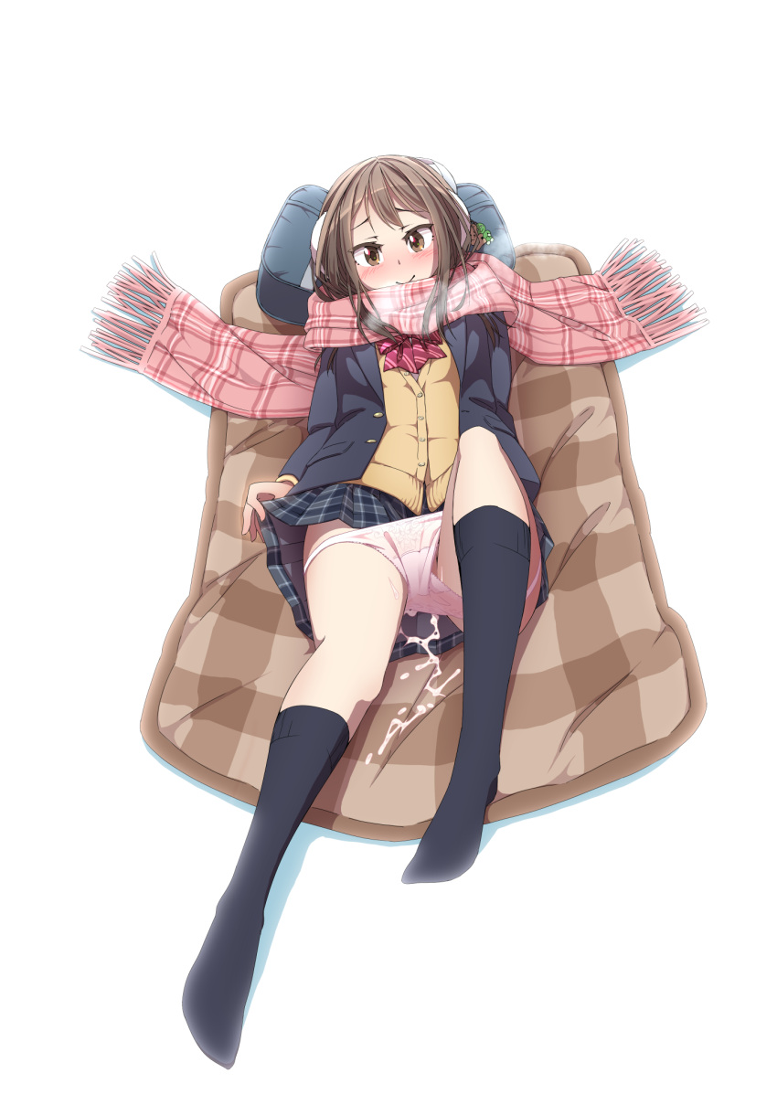 after_sex bangs black_jacket black_socks blue_skirt blush bow bowtie breasts breath brown_eyes brown_hair buttons closed_mouth commentary cum cumdrip dated_commentary earmuffs female full_body futon happy head_tilt highres jacket knee_up long_hair long_sleeves looking_at_viewer lying miniskirt nose_blush on_back open_clothes open_jacket original panties panty_pull picot_trim picot_trim_panties pillow plaid plaid_scarf plaid_skirt pleated_skirt pocket red_bow red_bowtie red_scarf scarf school_uniform shapoco shiny shiny_hair sidelocks simple_background skirt small_breasts smile socks solo sweater underwear upskirt white_background white_panties winter_clothes yellow_sweater