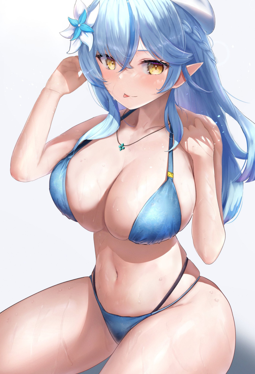 big_breasts bikini blue_hair elf hat hololive hololive_gen_5 hololive_japan light-skinned_female long_hair mochimooncurry mochitsuki_karen necklace sticking_out_tongue virtual_youtuber yukihana_lamy