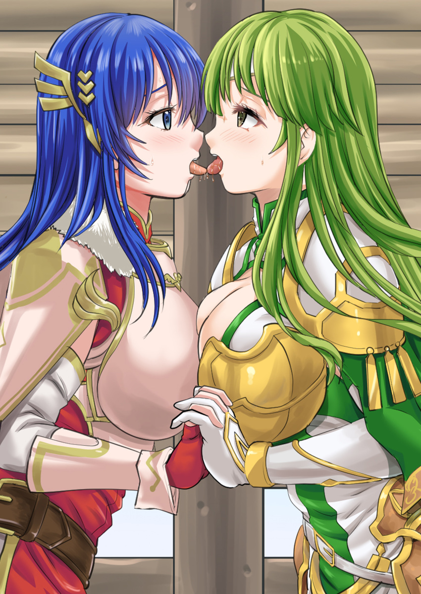 2girls alternate_costume alternate_version_available armor blue_eyes blue_hair breasts caeda_(beloved_queen)_(fire_emblem) caeda_(fire_emblem) captured cleavage female female_only fingerless_gloves fire_emblem fire_emblem:_mystery_of_the_emblem fire_emblem:_shadow_dragon_and_the_blade_of_light fire_emblem_echoes:_shadows_of_valentia fire_emblem_heroes french_kiss gloves green_eyes green_hair holding_hands kissing large_breasts long_hair looking_at_another more_at_source multiple_girls nao_takami naotakami8 nintendo official_alternate_costume palla_(falcon_knight)_(fire_emblem) palla_(fire_emblem) saliva symmetrical_docking tongue tongue_out yuri