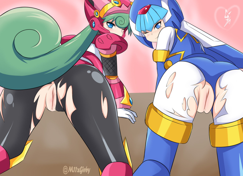 2girls ass bubble_ass bubble_butt fairy_leviathan looking_at_viewer looking_back m11xgirby marino mega_man mega_man_x mega_man_x_dive mega_man_zero multiple_girls one_eye_closed panties panties_aside partially_clothed pussy smile wink