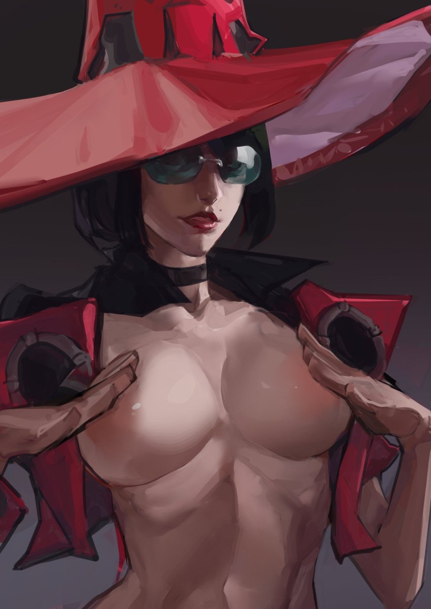 1girls black_hair choker covering_breasts covering_nipples crop_top green-tinted_eyewear guilty_gear guilty_gear_strive hat i-no jacket large_breasts lips short_hair sunglasses tinted_eyewear tristanmori wip